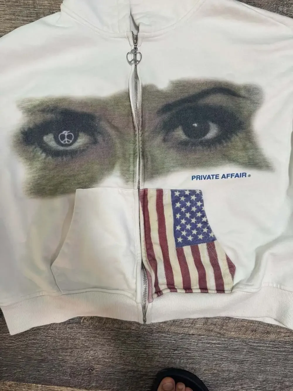 Private Affair Zip-Up Hoodie with Eye Print and American Flag Patch, Size M